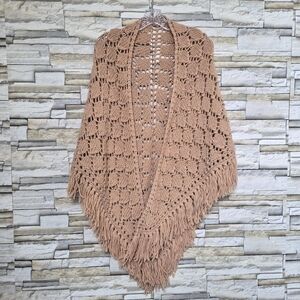 Handmade Boho Crochet Poncho Shawl Fringe Tan Camel Triangle Wrap